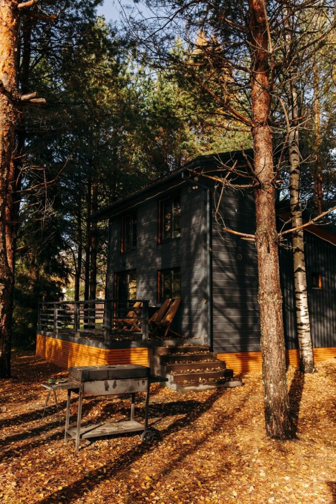 Дом «Голубика» 45 м² с окнами в пол на реку до 6 гостей: дом и дорожка