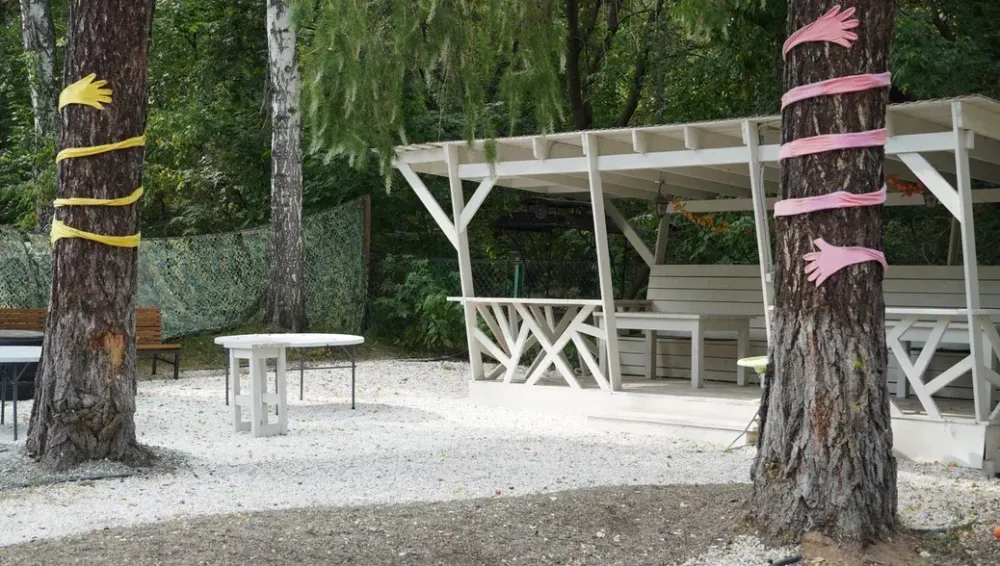 Открытая терраса под навесом до 30 человек у детской площадки, База отдыха «Мыс Рундук»: терраса между соснами