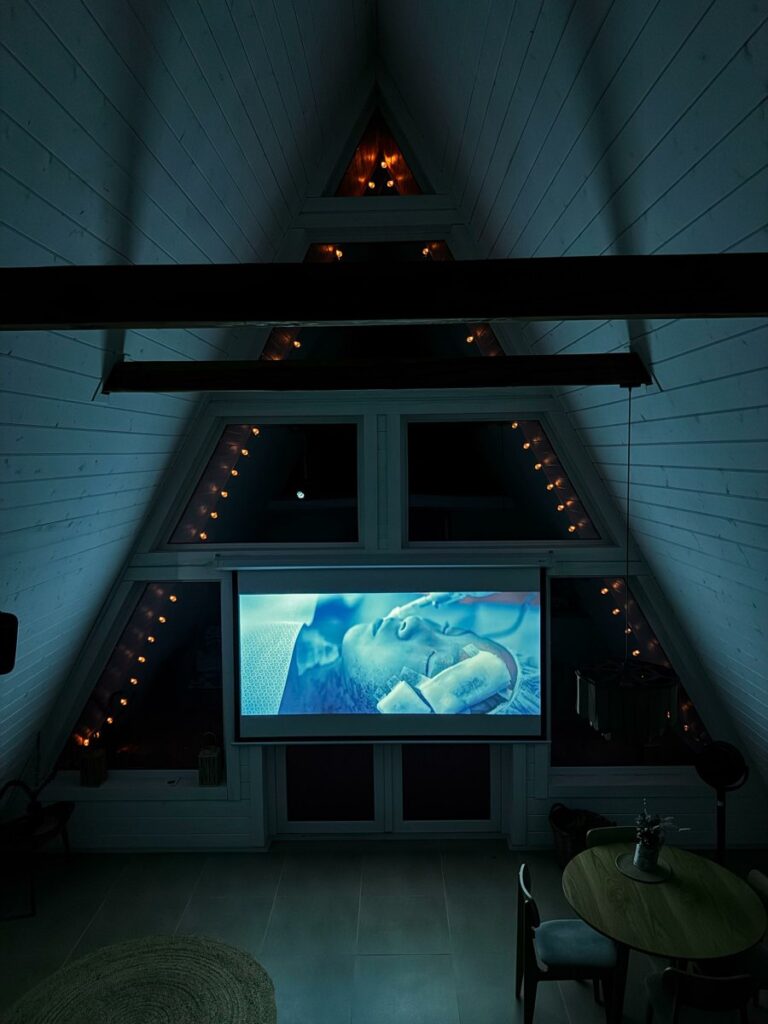 Большой A-frame дом 90 м² с двумя спальнями и проектором до 4 гостей: проектор в гостиной