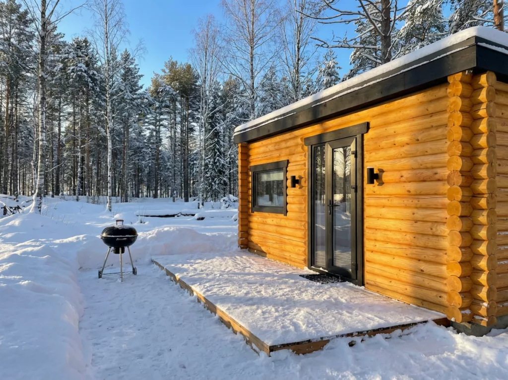 Семейный домик с местом для ребёнка до 3 гостей, Глэмпинг NewCamp Эссойла на Сямозере: домик зимой