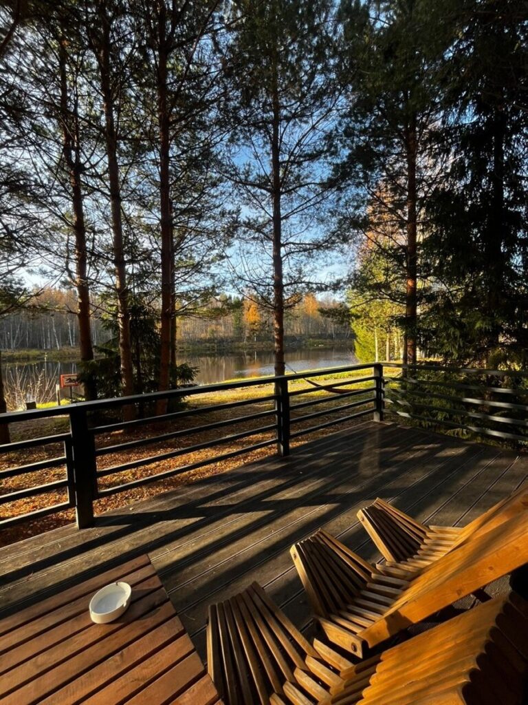 Дом «Голубика» 45 м² с окнами в пол на реку до 6 гостей: вид с террасы на реку
