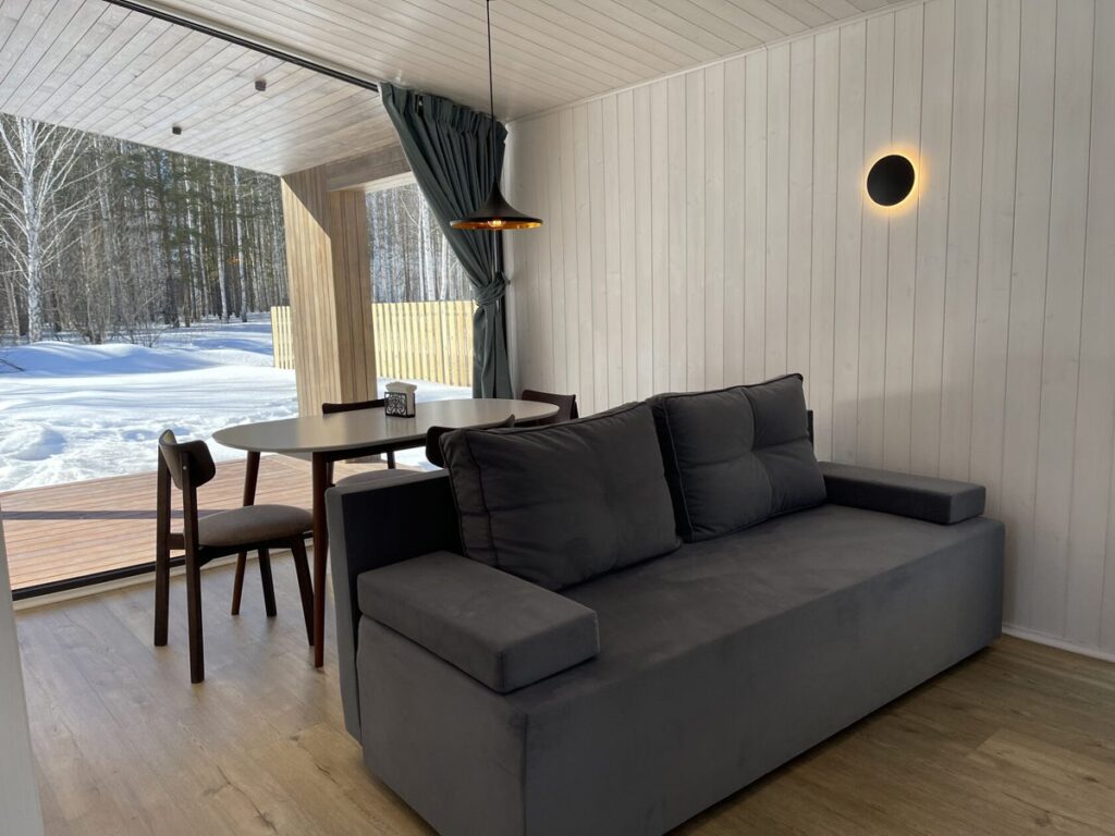 Barn House Glass №8 с остеклённым фасадом до 6 гостей, Парк-отель «Дача» в Верхнем Дуброво: гостиная с диваном