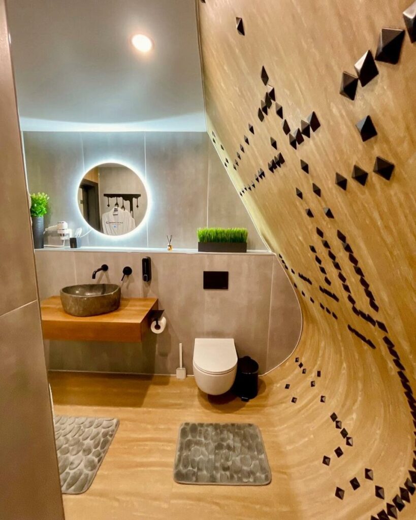 А-фрейм PRISMA Chalet Lux с купелью на террасе до 6 гостей: ванная с круглым зеркалом