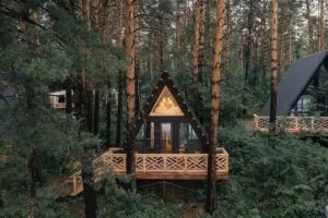 A-фрейм 35 м² с очагом или камином на террасе, 2 дома до 4 гостей