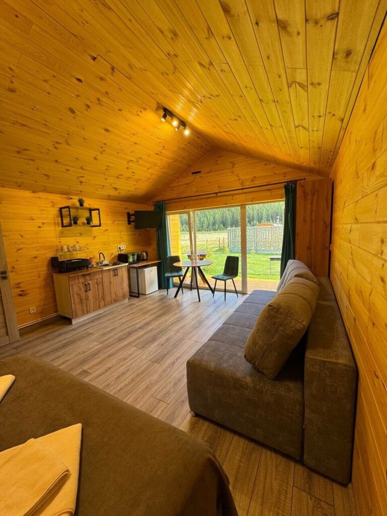 Домик «Комфорт плюс» 30 м² с видом на гору до 4 гостей: диван у окна