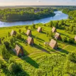 Глэмпинг Трофимов Берег в Васильевском, общий вид: территория на берегу реки с высоты