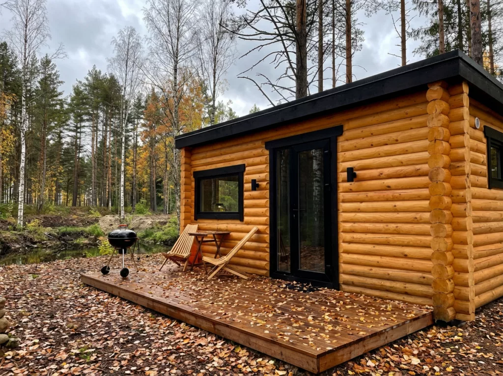Семейный домик с местом для ребёнка до 3 гостей, Глэмпинг NewCamp Эссойла на Сямозере: домик осенью