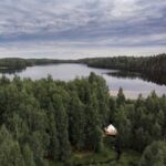Глэмпинг Sky Wood Hills на озере Капитоновское, общий вид: озеро среди леса сверху