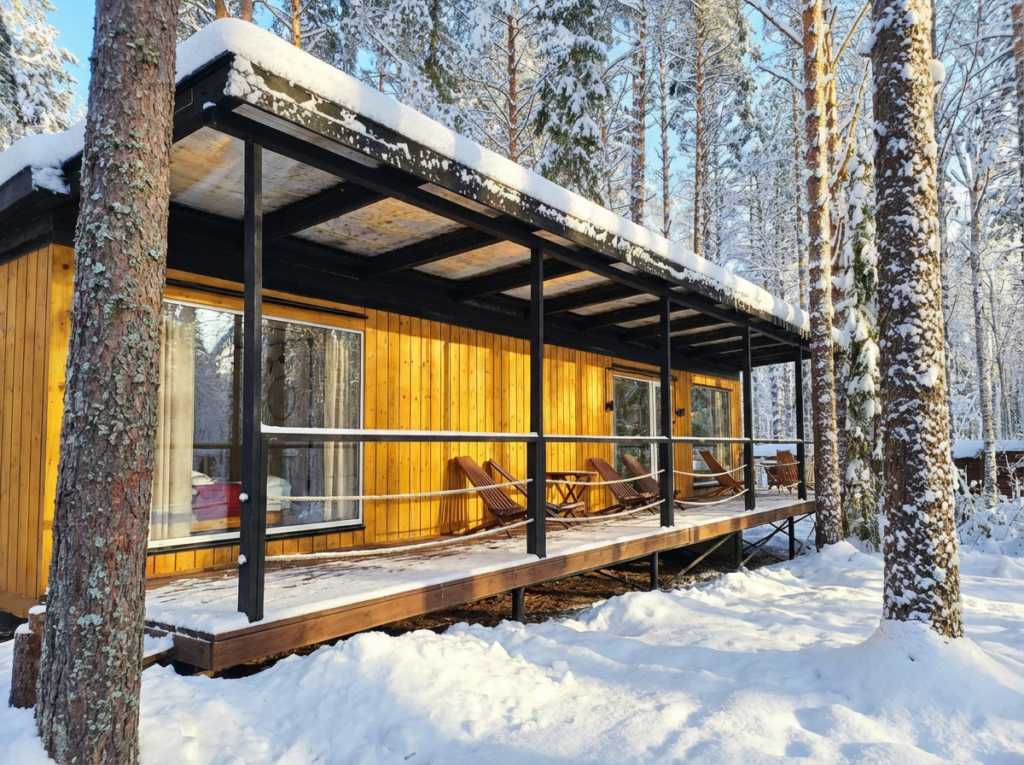 Модуль с двумя спальнями и гостиной до 5 гостей, Глэмпинг NewCamp Эссойла на Сямозере: модуль зимой