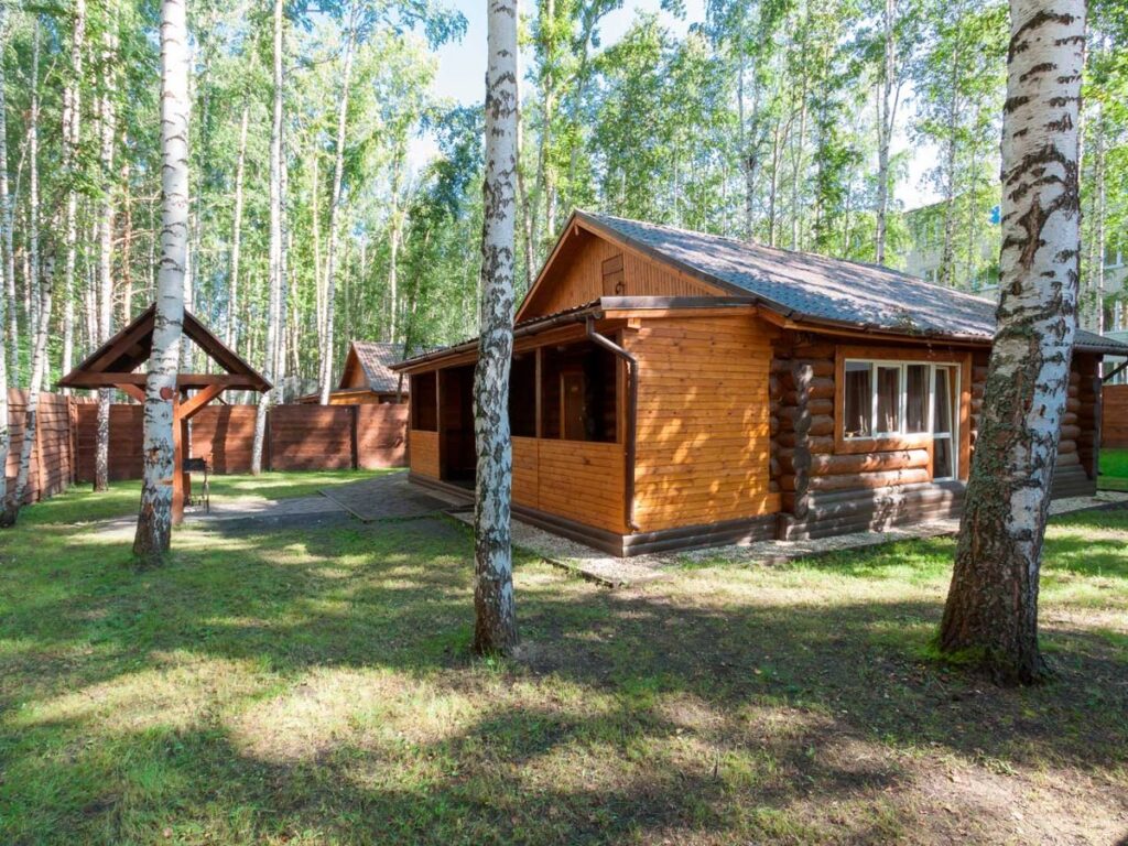 Домик «Уральская» с санузлом и открытой верандой до 25 человек, Беседки «Виктори Парк» на Уралмаше: бревенчатый домик среди берёз