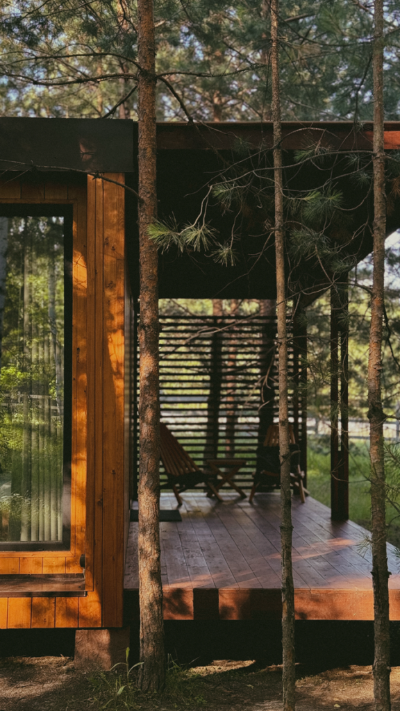 Домики Sunny и Forest с панорамным окном для двоих: терраса за стеклом