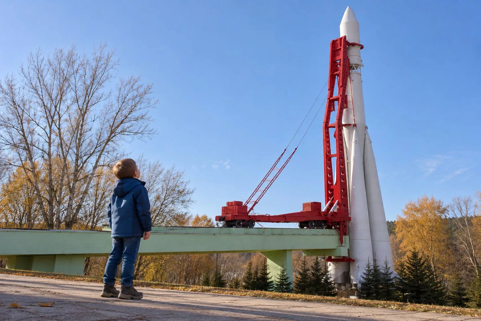 Мальчик в синей куртке стоит у основания ракеты «Восток» на стартовой установке у музея космонавтики в Калуге и смотрит вверх, осенний день