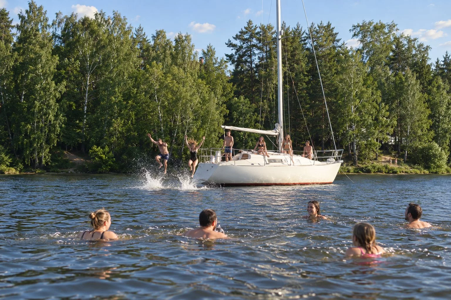 Друзья прыгают с палубы белой парусной яхты в воду Пироговского водохранилища у лесистого берега, вокруг купаются люди, мягкий свет второй половины дня