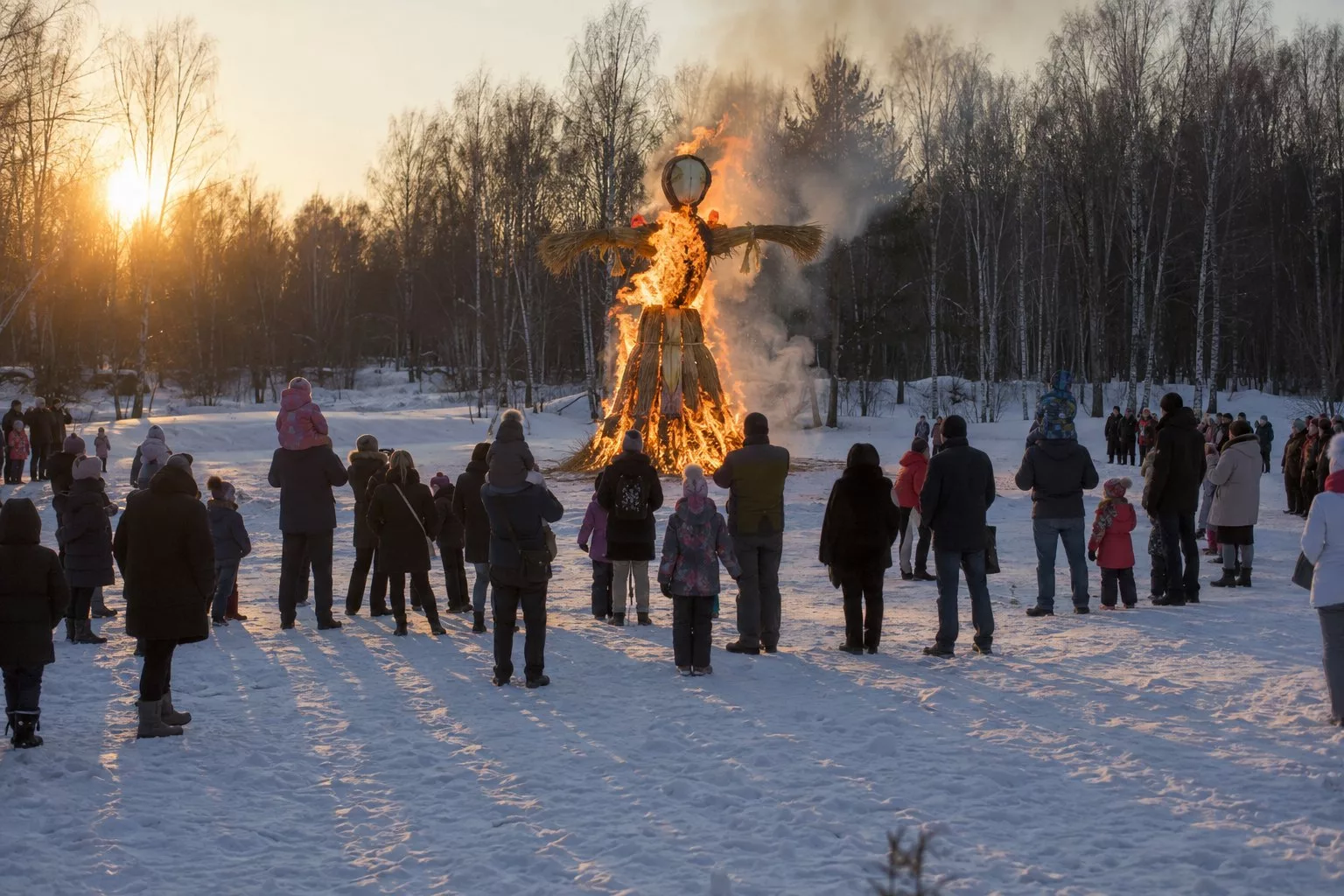 Сожжение чучела Масленицы на заснеженной поляне за городом, люди вокруг костра в солнечный мартовский день
