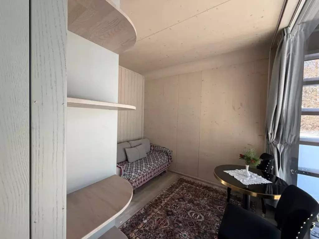 Дом «Большая капсула» 32 м² с панорамными окнами до 4 гостей: гостиная с диваном