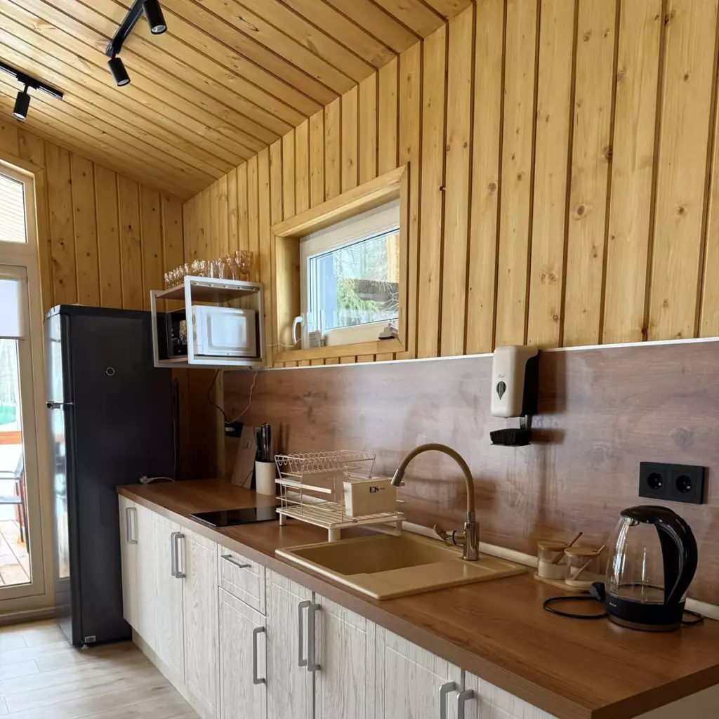 Барнхаус с печью-камином и террасой до 6 гостей, База отдыха Eco Village Vuoksa в Беличьем: кухня