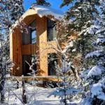Барнхаусы SVEKLA project у горы Зелёной, общий вид: дом среди заснеженных елей