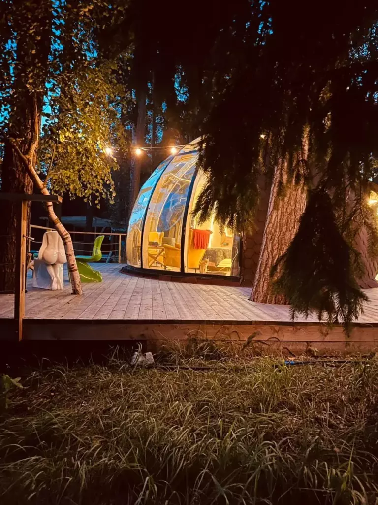 Эко-сфера с панорамным куполом и купелью-фурако до 3 гостей: сфера в сумерках