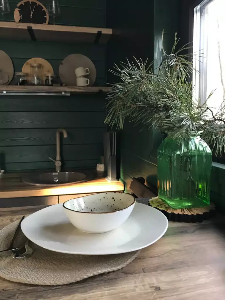 Домик с панорамными окнами и горячей купелью для двоих: кухонный уголок