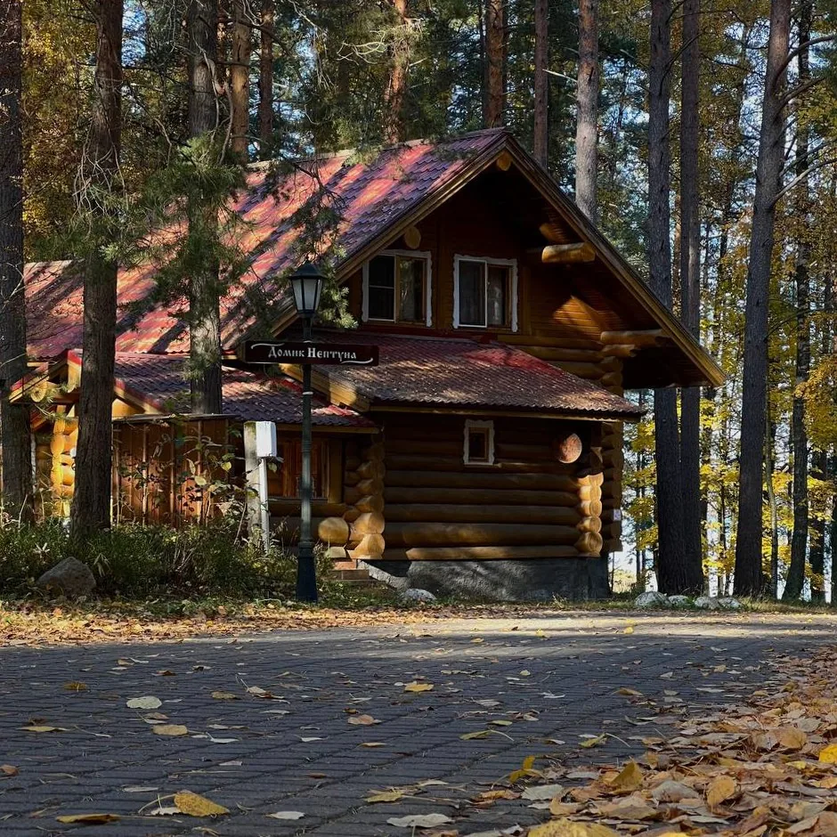 Коттедж «Дом Нептуна» 209 м² с камином и сауной до 8 гостей: бревенчатый коттедж осенью