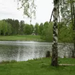 Эко-отель Поляна Солнца в лесах Мещёры, общий вид: озеро в березняке
