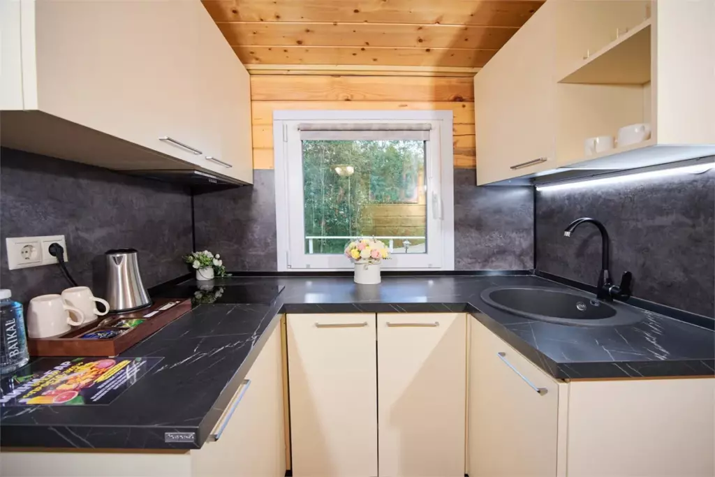 Дом Охотника 45 м² с камином и шезлонгом на террасе для двоих: мини-кухня