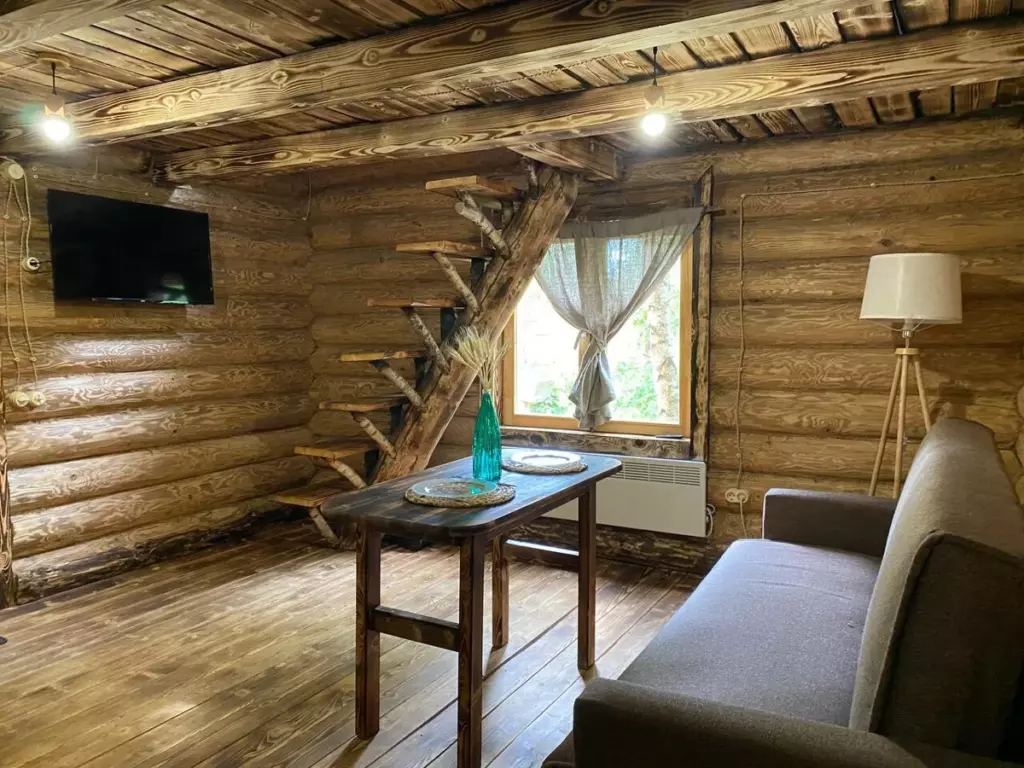 Лесной терем «Тесляра» 45 м² из старого бревна с балконом для двоих: гостиная