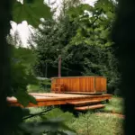 Эко-деревня Rodioncevo у Истринского водохранилища, общий вид: купель на настиле в лесу