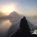 Рыболовная база Донгар в селе Чулпан, общий вид: лодка на рассвете