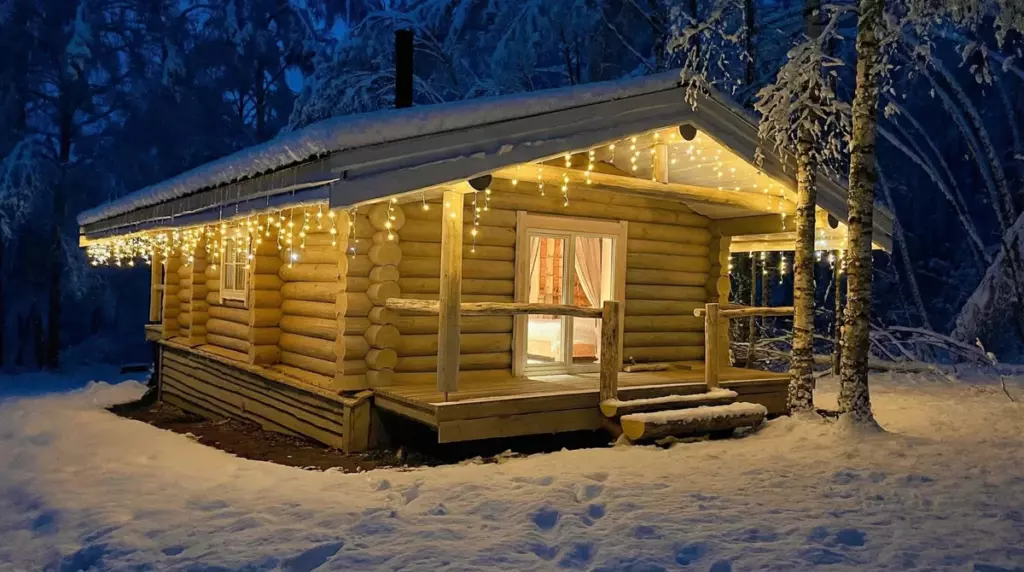 Бревенчатый дом 56 м² с камином и кухней-гостиной до 3 гостей: дом вечером