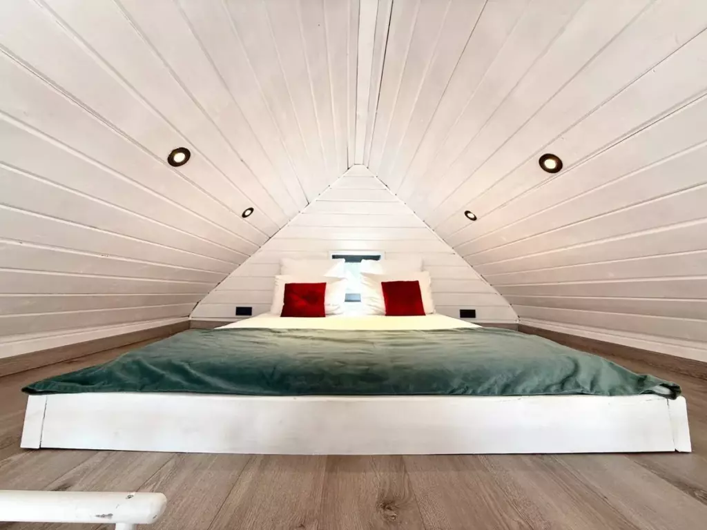 Barn Medium с гостиной: спальня под скатом крыши