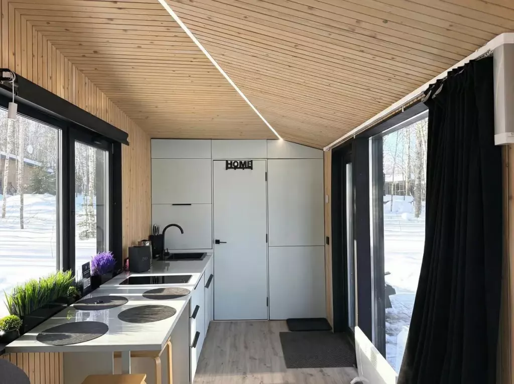 Smart Lodge с проектором и кроватью с раскладной спинкой для двоих: кухонная зона и дверь