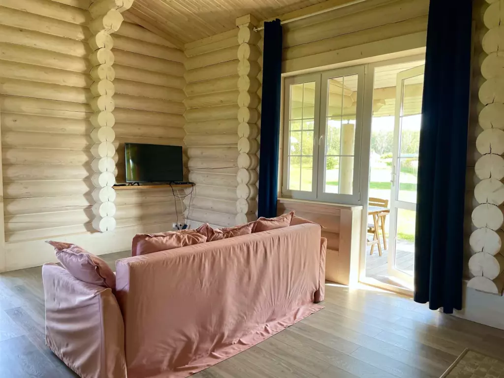Одноэтажный дом 65 м² с камином, спальней и кухней-гостиной до 4 гостей: диван в гостиной