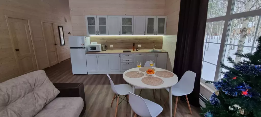 Панорамный дом с банным чаном и сауной в лесу до 6 гостей: кухня-гостиная
