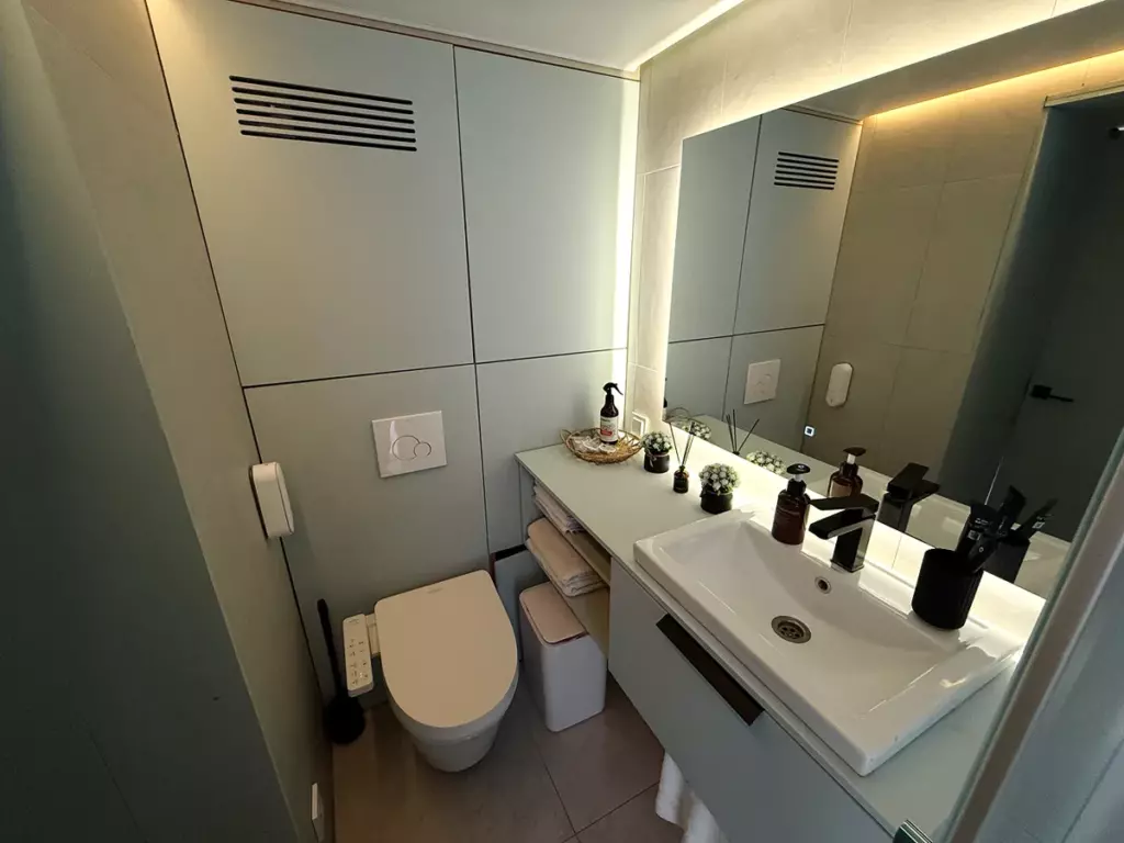 Smart Lodge с проектором и кроватью с раскладной спинкой для двоих: санузел с зеркалом