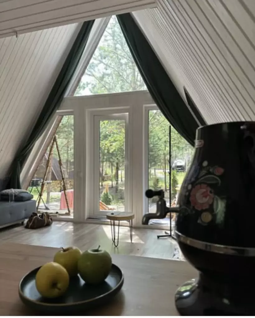 Треугольный дом Scandi Open с панорамными окнами до 4 гостей: гостиная с видом на лес