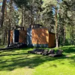 Глэмпинг Magicwood в Каштакском бору, общий вид: бунгало на поляне в соснах