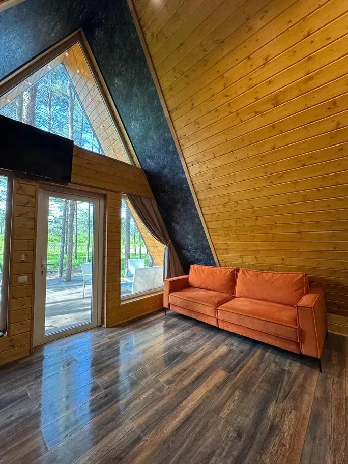 A-Frame №1 «Loft» с сауной в доме и чаном до 7 гостей: гостиная с панорамой