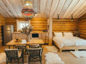 Бревенчатый дом 56 м² с камином и кухней-гостиной до 3 гостей