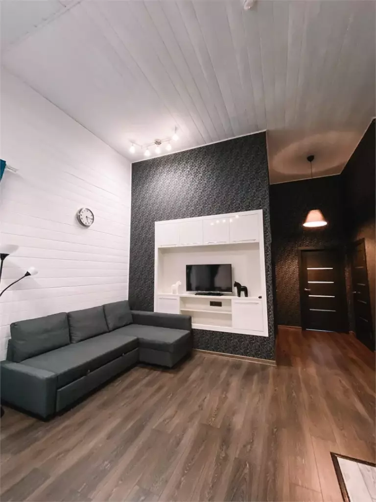 Скандинавский коттедж 70 м² с двумя спальнями и сауной до 6 гостей: гостиная с телевизором