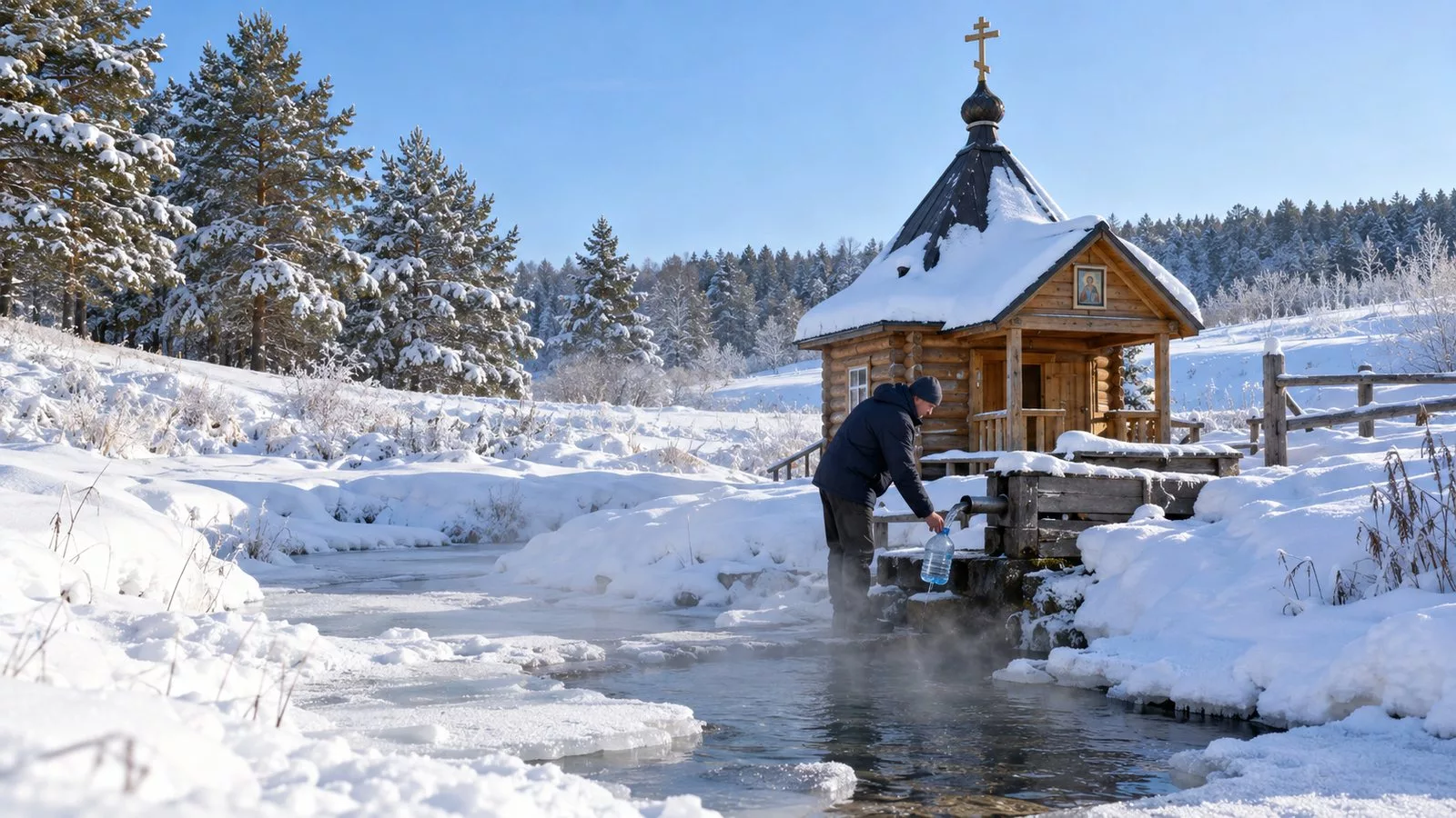 Мужчина набирает воду в бутылку у деревянной купальни с крестом у замёрзшего ручья, над водой источника пар, вокруг снег и сосны