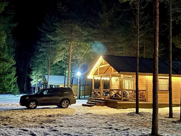 Коттедж «Воттоваара» с сауной и камином до 4 гостей: дом зимней ночью
