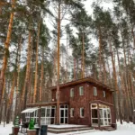 Парк ХаскиЛэнд в Елыкаево, общий вид: дом зимой в лесу