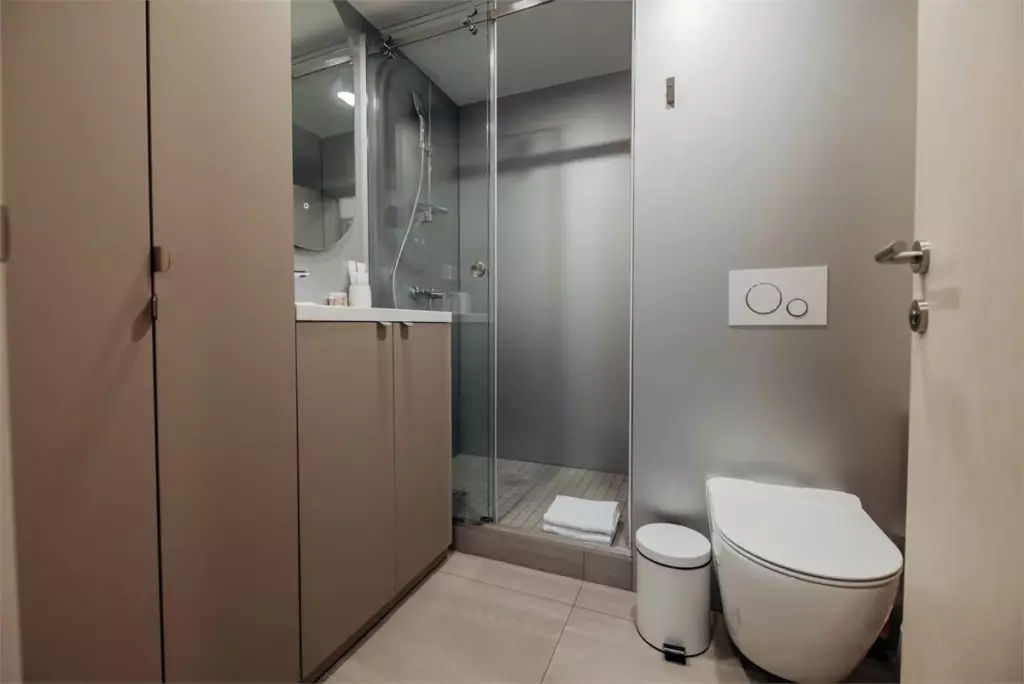 Арт-коттедж АТОММ 33 м² с панорамным остеклением и спальней King Size до 4 гостей: санузел
