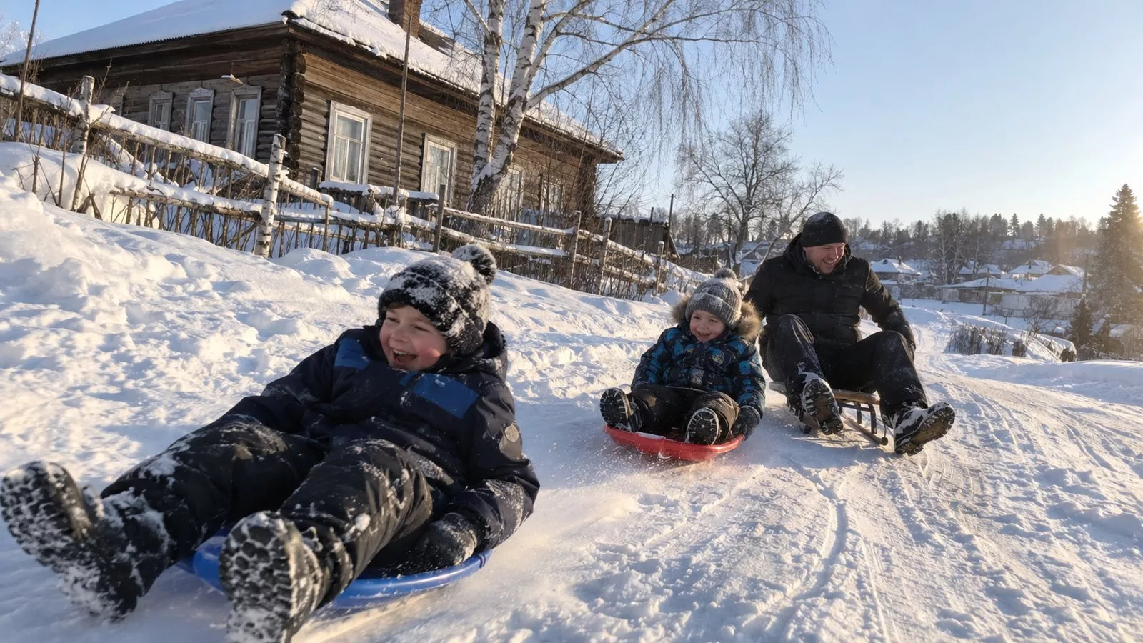 Дети и папа катаются с заснеженной горки на пластиковых санках и ледянке у деревянного дома с берёзовым забором, мальчик смеётся, шапка в снегу