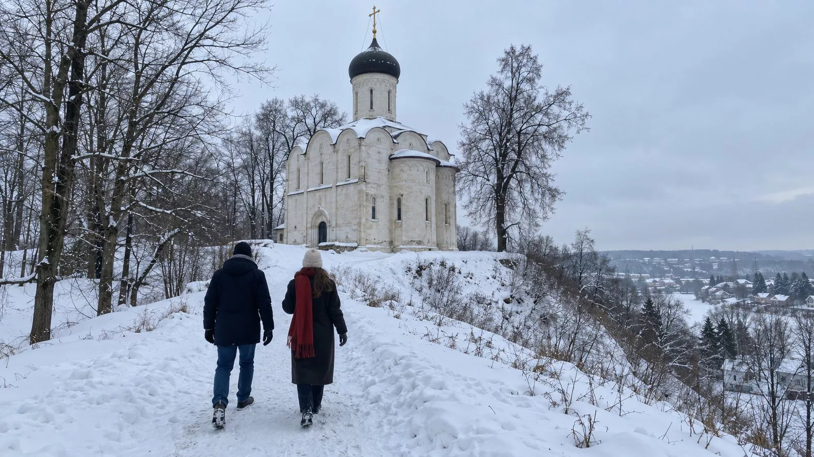 Мужчина в тёмном пальто и женщина в красном шарфе идут по снежной тропе к маленькому белокаменному собору на холме